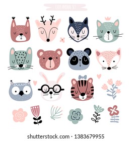 Set with cute animals head, flowers and leaves isolated on white background. Funny cartoon cliparts collection for kids. Scandinavian style background.