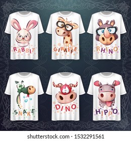 Set cute animals head - idea for print t-shirt. Vector eps 10