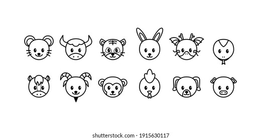 Set of Cute Animals Head Outline Icon. Chinese Zodiac Vector Illustration.