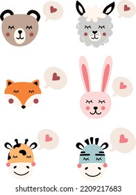 Set of cute animals with hearts. Vector illustration for children's clothes.	