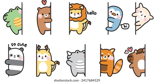 Set of cute animals hide at the wall.Peeking.Greeting.Crocodile,bear,lion,penguin,sheep,deer,horse hand drawn.Wild and reptile animal character cartoon design.Kawaii.Vector.Illustration.