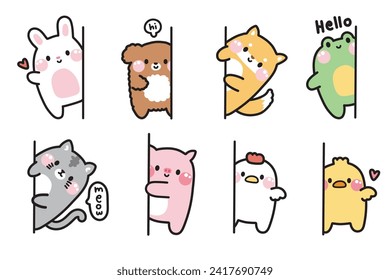 Juego de lindos animales escondidos en la pared. Peeking.Greeting.Conejo,perro,rana, gato, cerdo,gallina,mano de polluelo dibujada.Diseño de caricaturas de animales de granja y mascota.Kawaii.Vector.Ilustración.