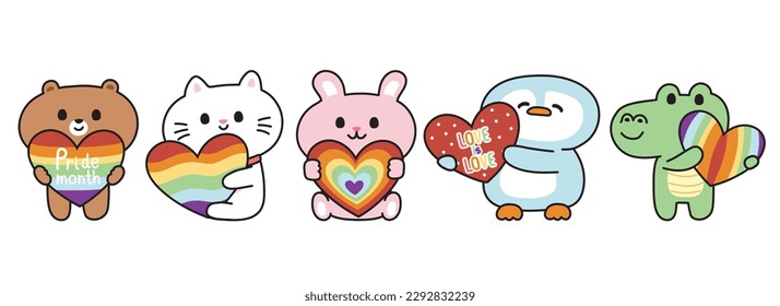 Set süße Tiere halten Herz in Regenbogenfarbe auf weißem Hintergrund.LGBT Stolz Monat.Liebe ist Liebe.Tiercharakter Design.Bär, Katze, Kaninchen, Pinguin, Krokodil gezeichnet.Kawaii.Vector.Illustration.