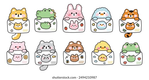 Set of cute animals hold mail paper.Animal character cartoon design.Message.Face and head.Image for card,poster,baby clothing.Kawaii.Vector.Illustration.