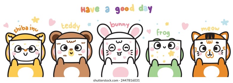 Set of cute animals hold paper hand drawing and coloring face cartoon on white background.Shiba inu dog,teddy bear,rabbit bunny,frog,cat.Kid graphic.Art.Kawaii.Vector.Illustration.