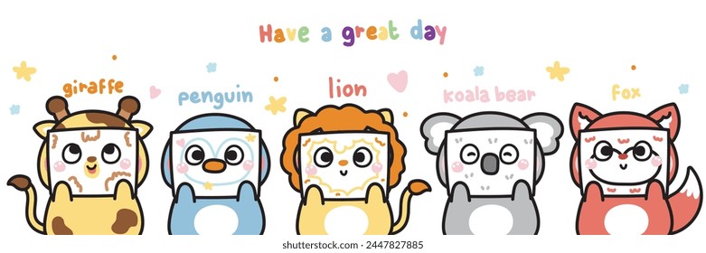 Set of cute animals hold paper hand drawing and coloring face cartoon on white background.Giraffe,penguin,lion,koala bear,fox.Kid graphic.Art.Kawaii.Vector.Illustration.