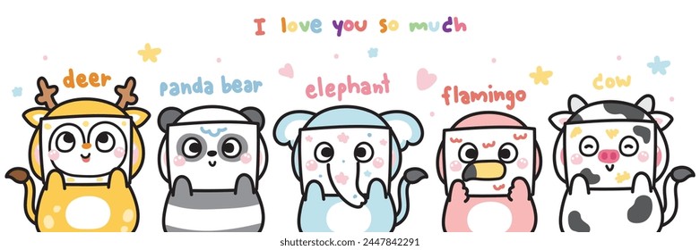 Set of cute animals hold paper hand drawing and coloring face cartoon on white background.Deer,panda bear,elephant,flamingo,cow.Kid graphic.Art.Kawaii.Vector.Illustration.