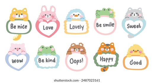 Set of cute animals hold various paper shape text.Animal character cartoon design.Image for card,poster,sticker.Kawaii.Vector.Illustration.