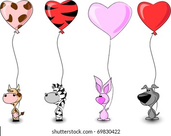 set cute animals holding a balloon in the shape of a heart