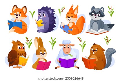 Set of cute animals holding books and reading isolated on white background. Icon collection of a fox, hedgehog, squirrel, owl, rabbit, sheep and beaver that love to read. Cartoon vector illustration