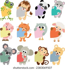 Set of cute  animals holding a heart
