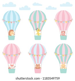 Set Of Cute Animals In A Hot Air Balloon. Vector Illustration