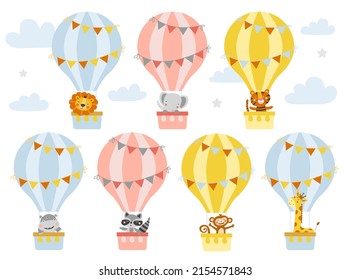 Set of cute animals in a hot air balloon. Vector illustration
