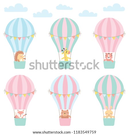 Set of cute animals in a hot air balloon. Vector illustration