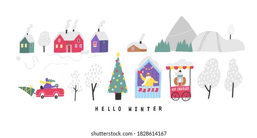 Set with cute animals, houses, mountains and trees in winter. Isolated objects on white. Hand drawn vector illustration. Concept kids print. Family playing in the snow in the pack.