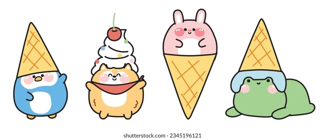 Set of cute animals in ice cream concept.Sweet and dessert.Pet,farm,reptile animal character cartoon design.Frog,penguin,shiba inu dog,rabbit hand drawn.Kawaii.Vector.Illustration.