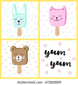 Set of cute animals ice cream Eskimo. Hand-written inscription yum-yum. Vector design for greeting cards.