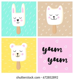 Set of cute animals ice cream Eskimo. Hand-written inscription yum-yum. Vector design for greeting cards.