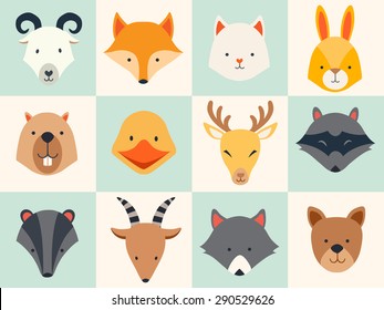 Set of cute animals icons, vector illustrations on colored background.