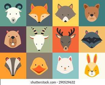 Set of cute animals icons, vector illustrations on colored background.