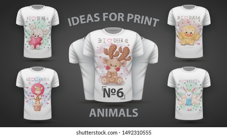 Set cute animals - idea for print t-shirt. Hand draw