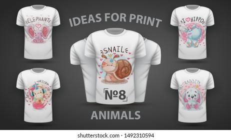 Set cute animals - idea for print t-shirt. Hand draw