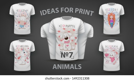 Set cute animals - idea for print t-shirt. Hand draw