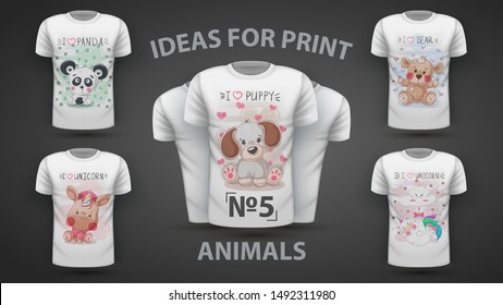 Set cute animals - idea for print t-shirt. Hand draw