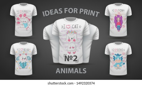 Set cute animals - idea for print t-shirt. Hand draw