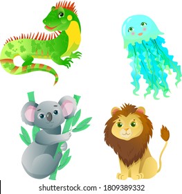 set of cute animals. Iguana, jellyfish, koala and lion in cartoon style. Vector illustration isolated on white background