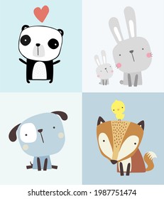 set of cute animals illustration. Panda, rabbit, fox and puppy. Hand drawn style. can be used for nursery decoration, baby and kids wear, fashion print design