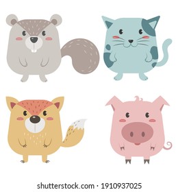 Set of cute animals including squirrel, cat, fox, pig vector illustration pastel cartoon isolated on white background.