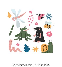 Conjunto de lindos animales, insectos, insectos en el jardín de verano. Rana divertida, topo, lombriz, ladybird, libélula, abeja, caracol. Caricatura, ilustración de vector dibujada a mano para niños, aislado. Diseño plano.