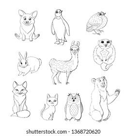 Set of cute animals isolated on white background.  red fox, owl, rabbit, meerkat, cat, corgi, bird, penguin and bear. black and white monochrome. stock vector illustration