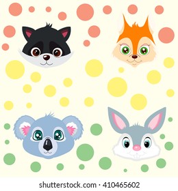 Set of cute animals isolated on colorful background.  Raccoon, squirrel, koala and rabbit