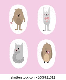 Set of cute animals isolated in white textured elipses. Ideal template for design of greeting cards, home decoration, scrapbooking etc. 