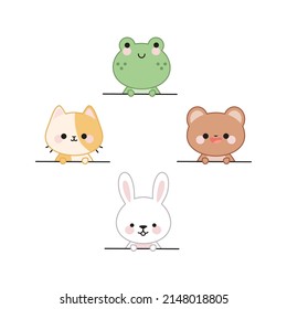 Set Of Cute Animals In Kawaii Style Look Out From Above. Frog. Bear. Cat. Rabbit. Isolated On White Background. 