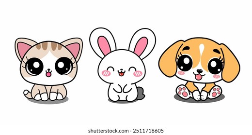 Set of Cute animals in Kawaii style. Kitten, bunny, puppy characters Handrawn vector illustration. Pet animals handrawn