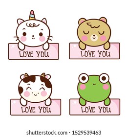 Set of cute animals labels cartoon, Kawaii unicorn cat vector, cow, bear, frog: Sweet characters, pastel color (Illustration): Doodle Nursery decoration, hand drawn. Perfect for kid greeting card.