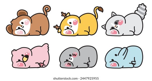 Set of cute animals lay down poses on white background.Relax.Art.Monkey,deer,raccoon,flamingo,seal,dolphin hand drawn.Kid graphic.Kawaii.Vector.Illustration.