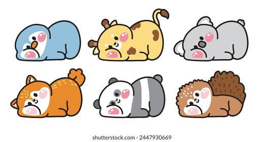 Set of cute animals lay down poses on white background.Relax.Art.Penguin,giraffe,koala bear,squirrel,panda bear,hedgehog hand drawn.Kid graphic.Kawaii.Vector.Illustration.