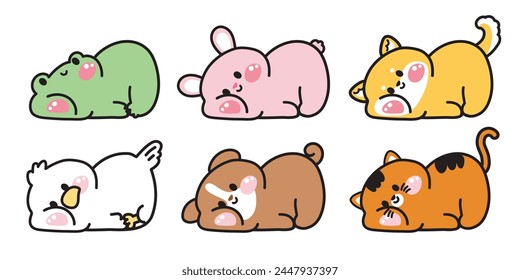 Set of cute animals lay down poses on white background.Relax.Art.Frog,rabbit,shiba inu,bird,dog,cat hand drawn.Kid graphic.Kawaii.Vector.Illustration.