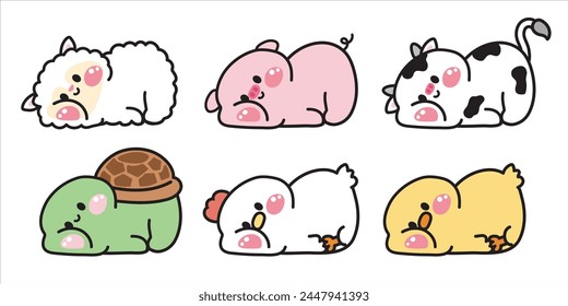 Set of cute animals lay down poses on white background.Relax.Art.Sheep,pig,cow,turtle,hen,chicken hand drawn.Farm.Reptile.Kid graphic.Kawaii.Vector.Illustration.