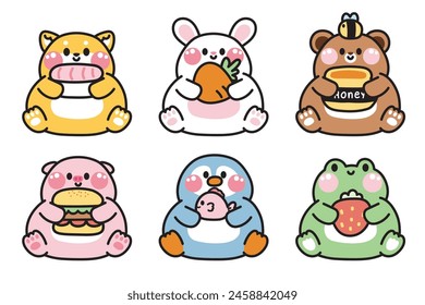 Conjunto de lindos animales ponen y sostienen varios objetos sobre fondo blanco.Shiba inu perro, conejo, oso, cerdo, pingüino, rana dibujado a mano.Dibujos animados diseño de personajes.Kawaii.Vector.Ilustración.