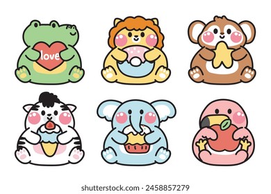 Set of cute animals lay and hold various obeject on white background.Crocodile,lion,monkey,cow,elephant,flamingo hand drawn.Cartoon character design.Kawaii.Vector.Illustration.