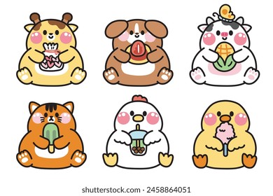 Set of cute animals lay and hold various obeject on white background.Giraffe,dog,cow,cat,hen,chicken hand drawn.Cartoon character design.Kawaii.Vector.Illustration.