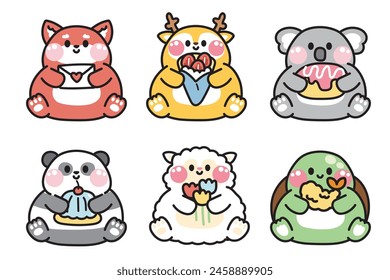 Set of cute animals lay and hold various obeject on white background.Fox,deer,koala bear,panda,sheep,turtle hand drawn.Cartoon character design.Kawaii.Vector.Illustration.