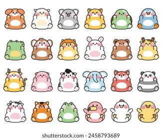 Set of cute animals lay and show belly on white background.Character cartoon hand drawn collection.Wild,farm,pet,reptile animal design.Kawaii.Vector.Illustration.