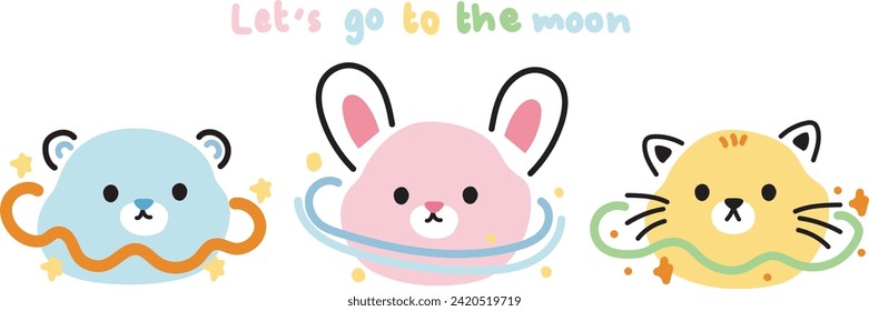 Set of cute animals line hand drawn style.Pastel.Animal character cartoon design collection.Planet.Galaxy.Teddy bear,rabbit,cat.Kawaii.Vector.Illustration.