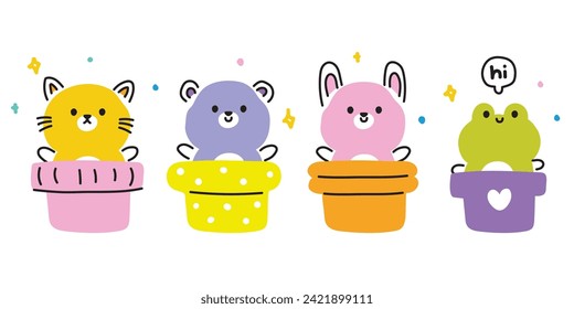 Set of cute animals line hand drawn in pot on white background.Frog.Rabbit.Bear.Cat.Wild,pet,rodent,reptile animal character cartoon design.Kawaii.Vector.Illustration.